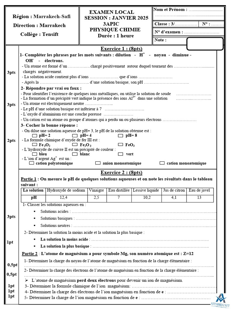Examen Local de Physique-Chimie 3APIC | PDF | Ion | Ph