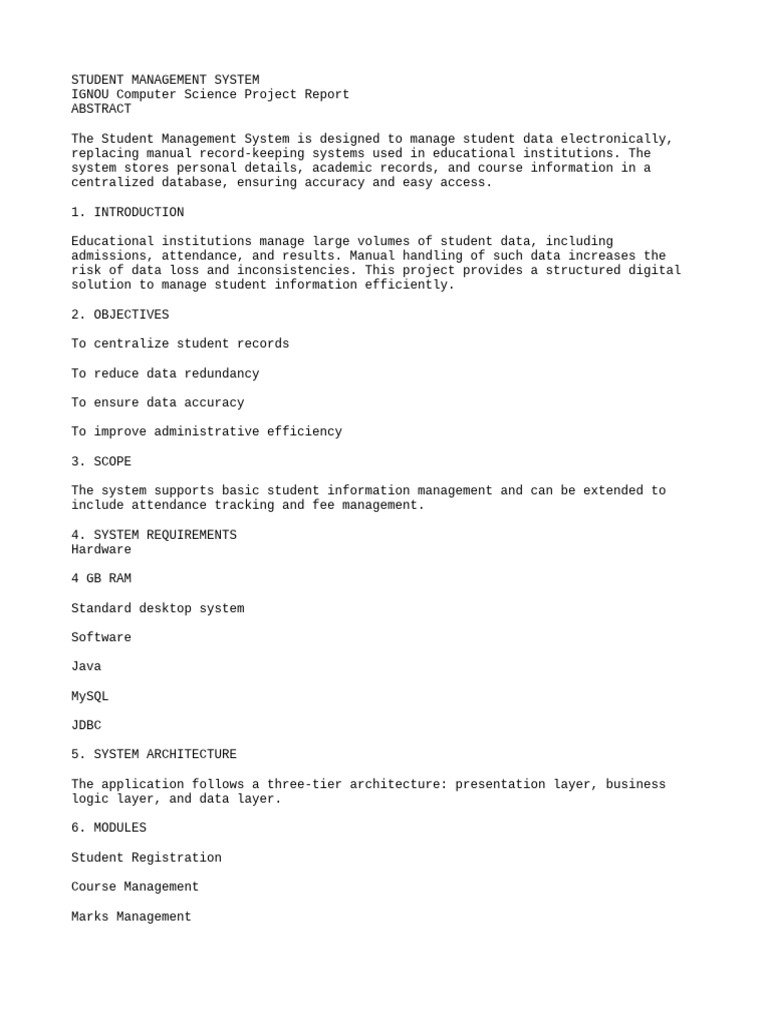 Student Management System Project Report | PDF