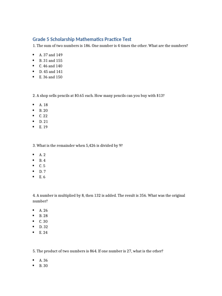 Grade 5 Math Scholarship Practice Test | PDF