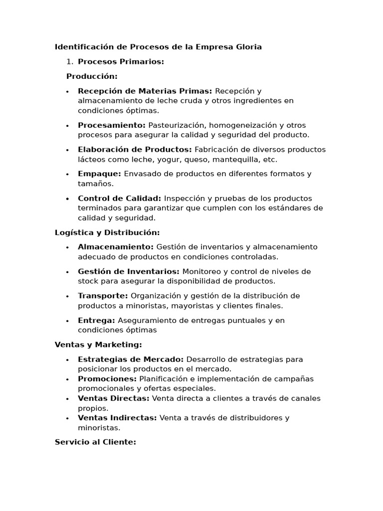 Procesos Clave en la Empresa Gloria | PDF | Calidad (comercial ...