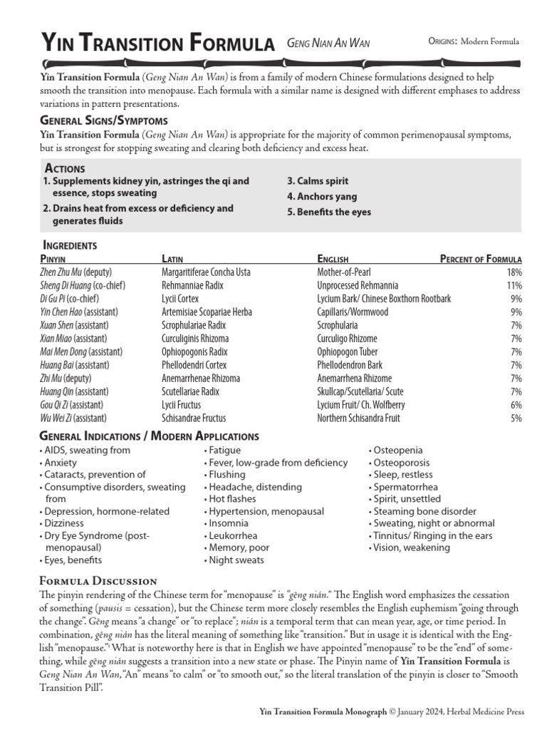 Yin Transition Formula for Menopause Relief | PDF | Hormone | Menopause