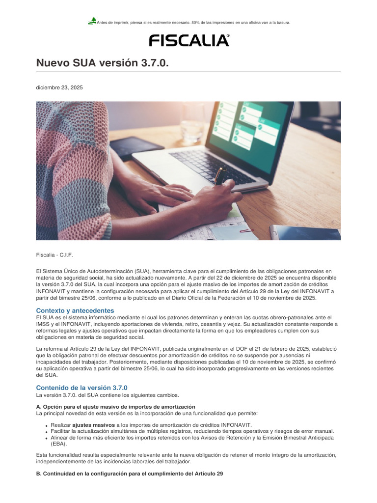 Actualización SUA 3.7.0: Ajustes INFONAVIT | PDF