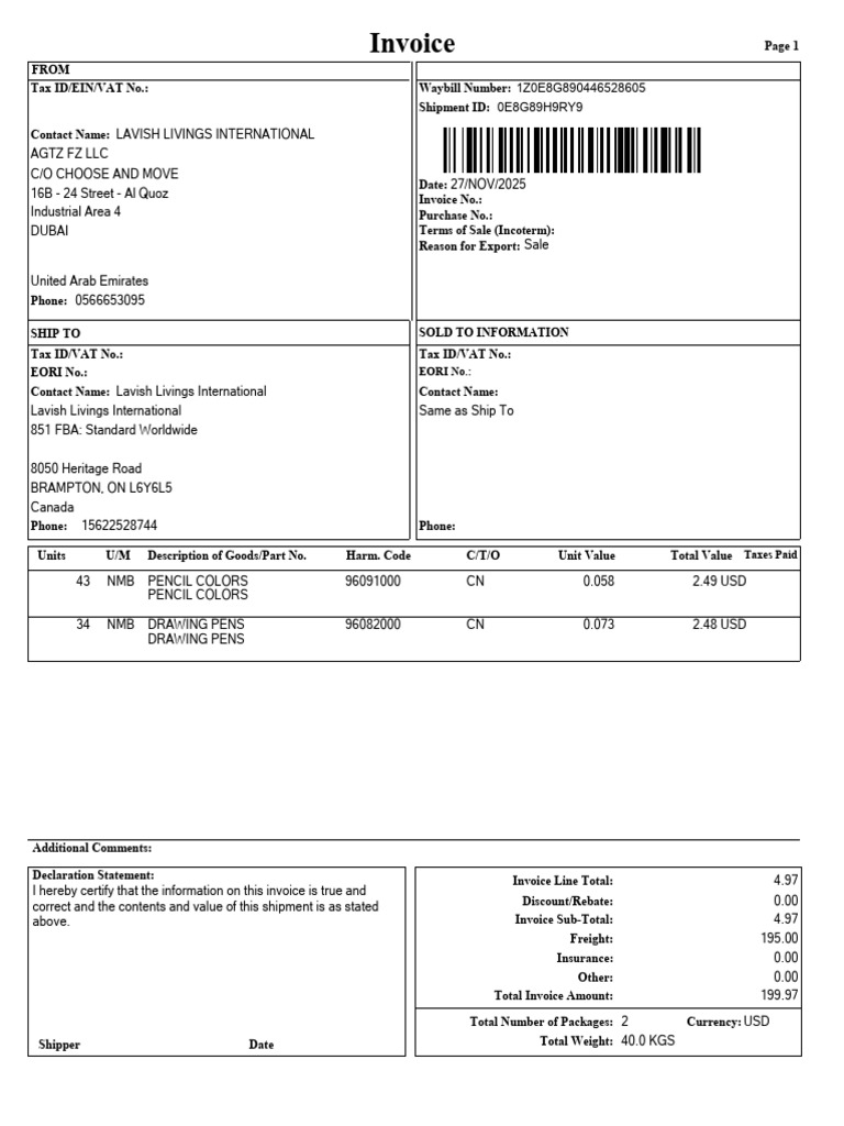 Invoice for Shipment to Canada | PDF | Value Added Tax | Invoice