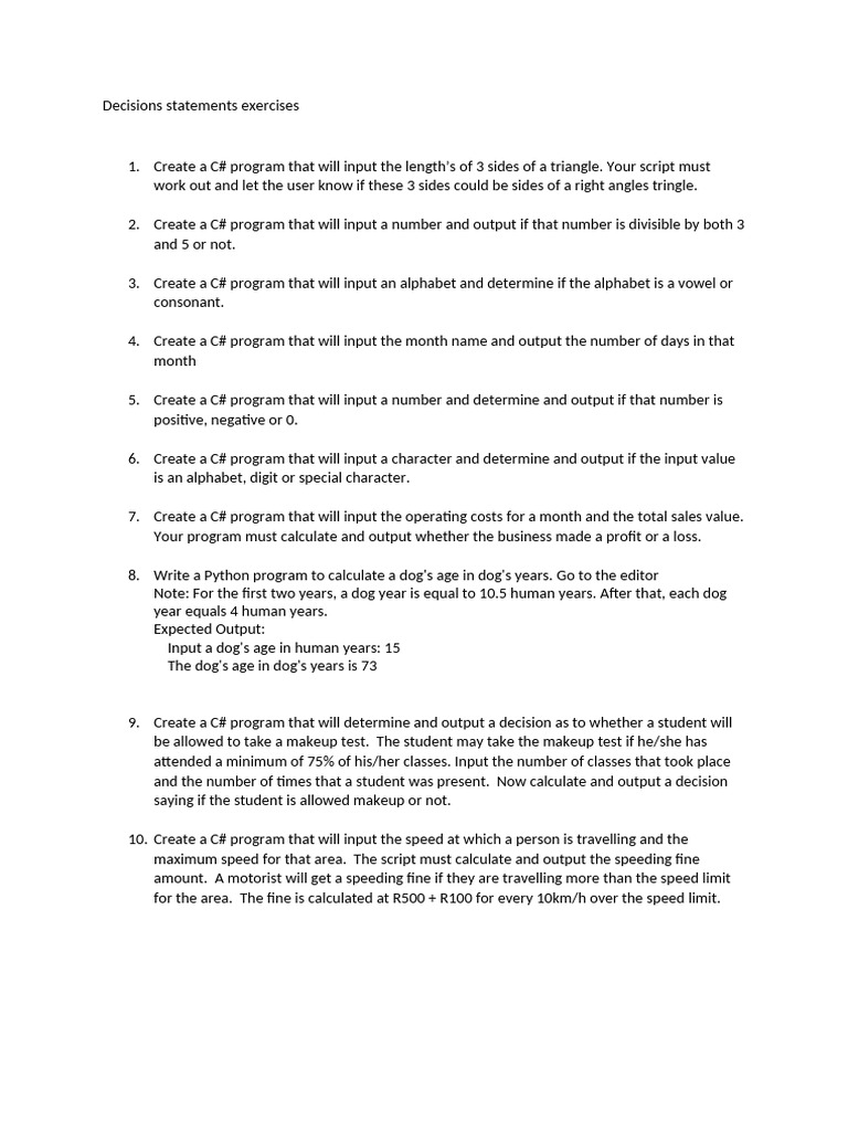 Decisions Statements Extra Exercises C_1e36f352c5c6510258a26595295e715c ...