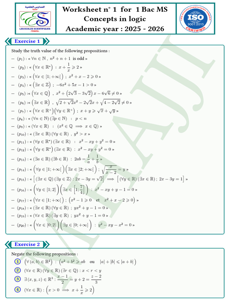 Worksheet 1 Logique 1MS 25 26 | PDF | Mathematical Logic | Logic