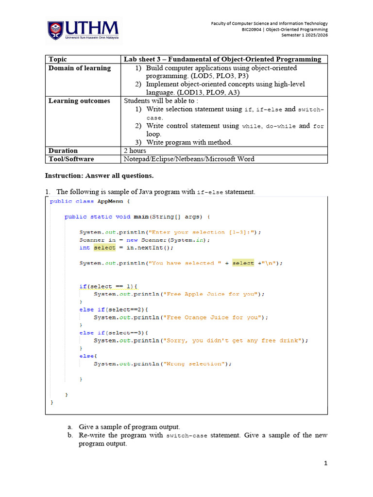 W6labsheet3nfundamentalofobject Orientedprogramming | PDF | Computer ...