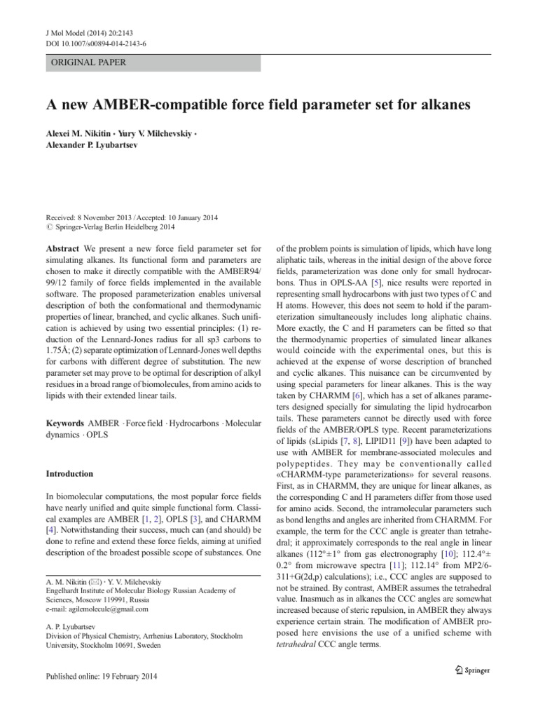 A New AMBER-compatible Force Field Parameter Set for Alkanes | PDF ...