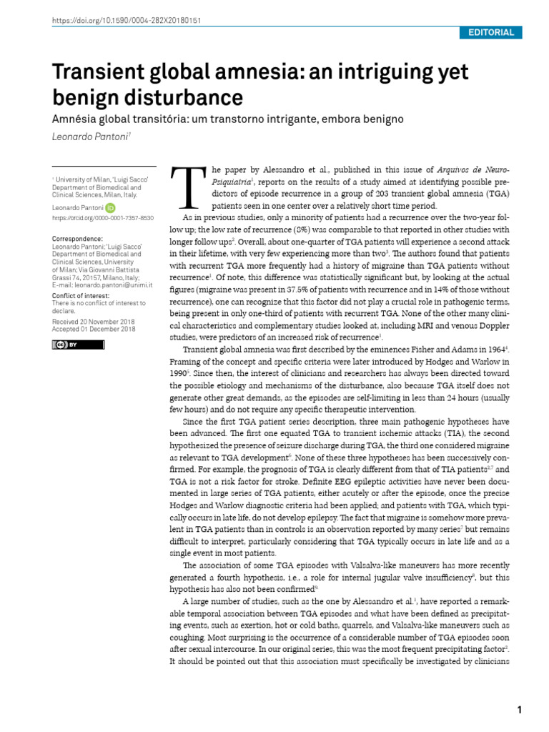 Transient Global Amnesia an Intriguing Yet Benign | PDF | Diseases And ...
