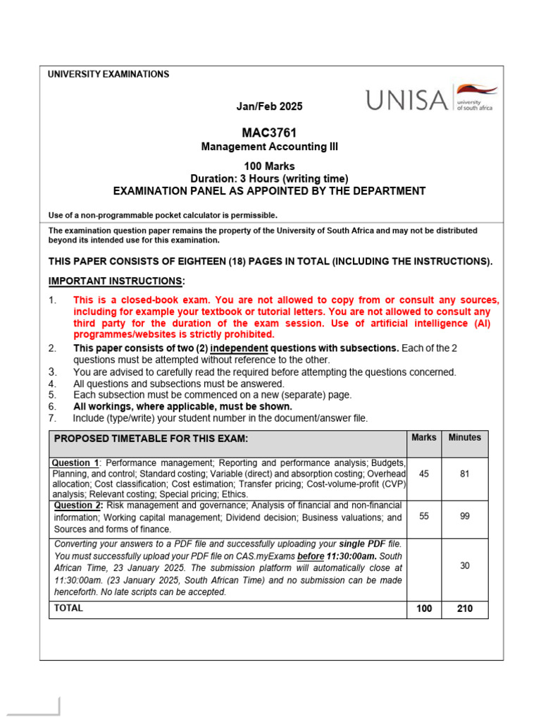 MAC3761 Management Accounting Exam 2025 | PDF | Milk | Fixed Asset