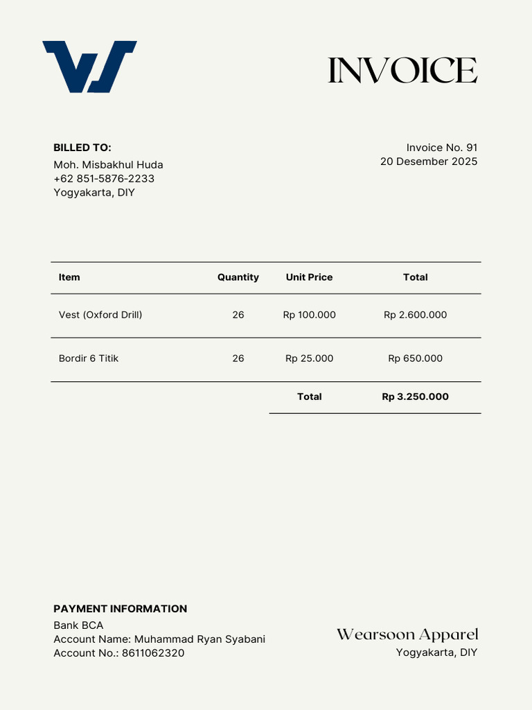Invoice for Wearsoon Apparel Order | PDF