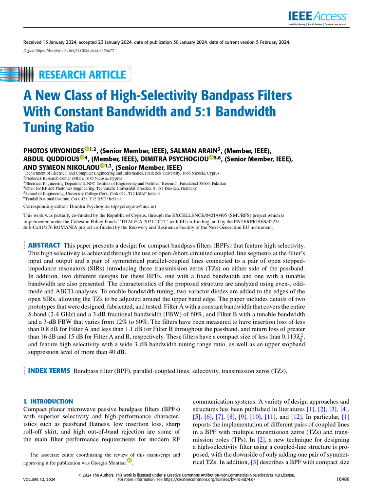A New Class of High-Selectivity Bandpass Filters With Constant ...