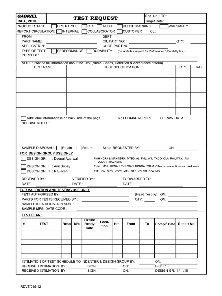 RDVT015-12 Test Request | PDF