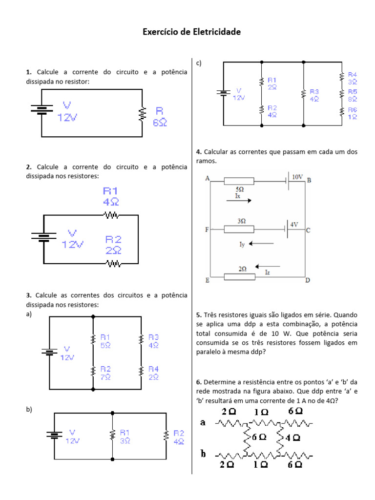Exercícios de Cálculo em Eletricidade | PDF | Circuitos em série e em ...