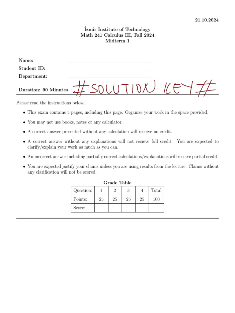 Math 241 Fall 2024 Midterm Exam | PDF | Mathematics