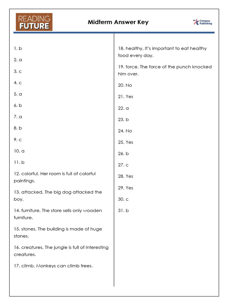 Reading Future_Develop 1_Midterm Test_Answer Key_ Unit 1-8 | PDF
