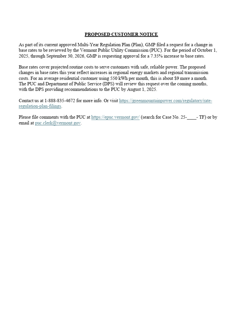 Proposed Customer Notice: Regulation-Plan-Filings Puc - Clerk@vermont ...