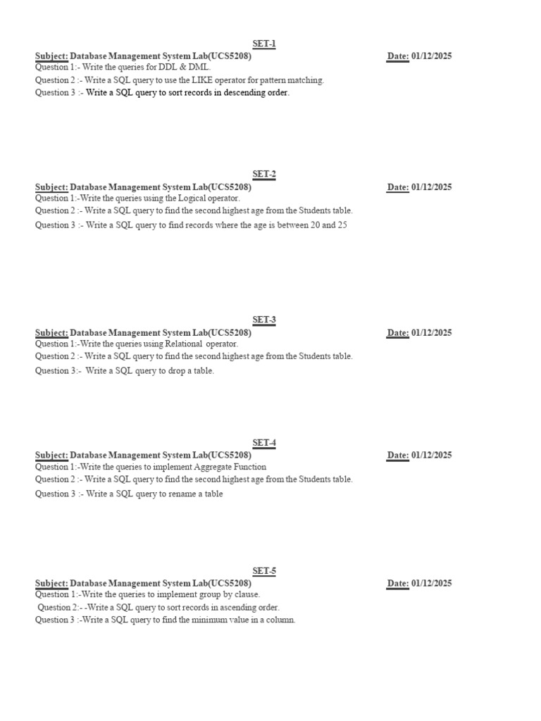 SQL Queries for Database Management Lab | PDF