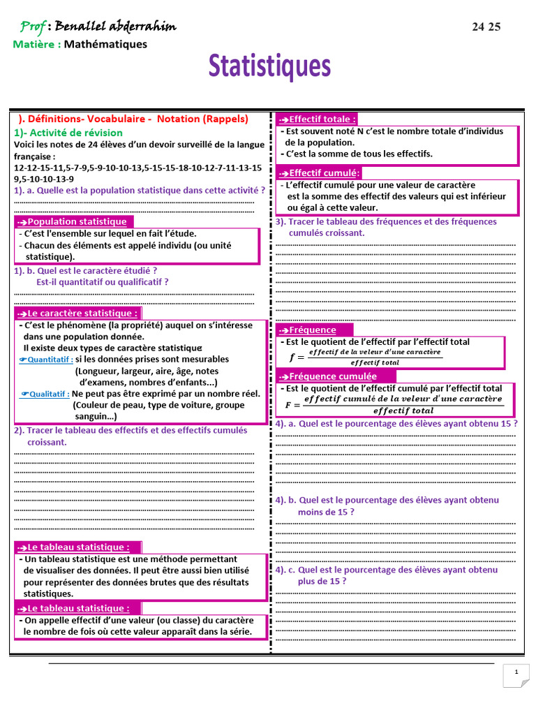Statistiques : Effectifs et Moyennes | PDF | Moyenne | Médiane ...