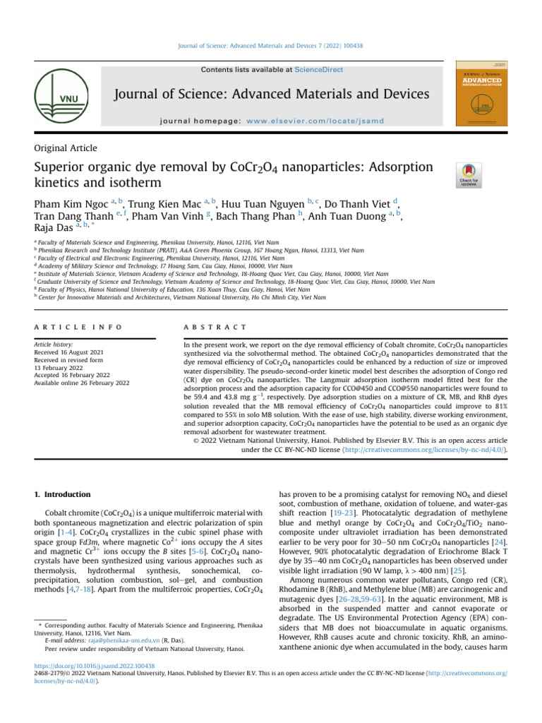 CoCr2O4 Nanoparticles for Dye Removal | PDF | Adsorption | Nanoparticle