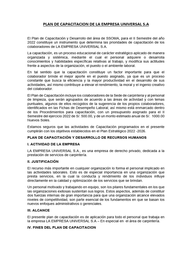 Plan de Capacitacion de La Empresa Universal S | PDF | Business ...
