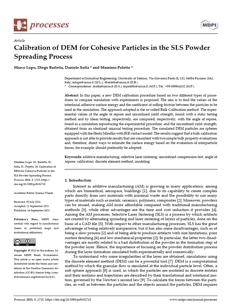 Calibration of DEM for Cohesive Particles in the SLS Powder Spreading ...