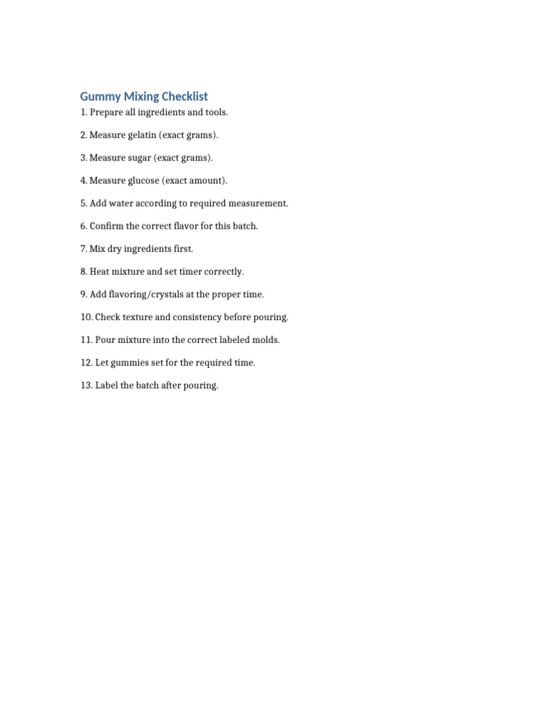 Gummy Mixing Process Checklist | PDF