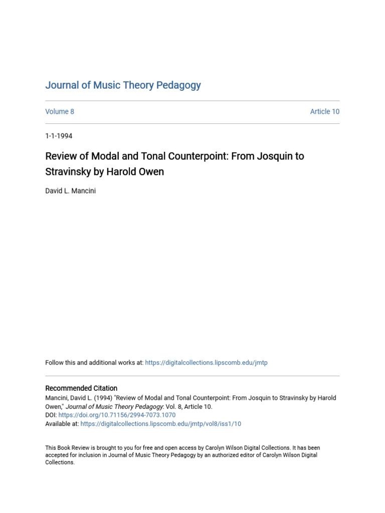 Review of Modal and Tonal Counterpoint: From Josquin To Stravinsky by ...
