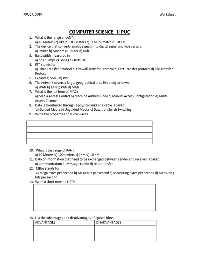 Computer Science II PUC Worksheet | PDF | Computer Network | Bit Rate
