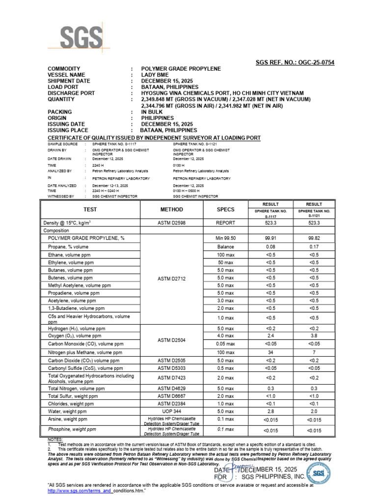 SGS Quality Certificate for Propylene Shipment | PDF | Physical Sciences