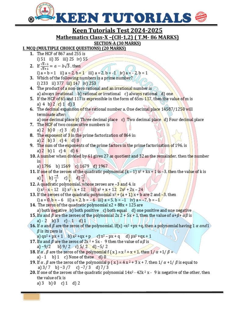 KT Test Maths Class X (CH-1,2) 2024-25 | PDF | Factorization | Polynomial