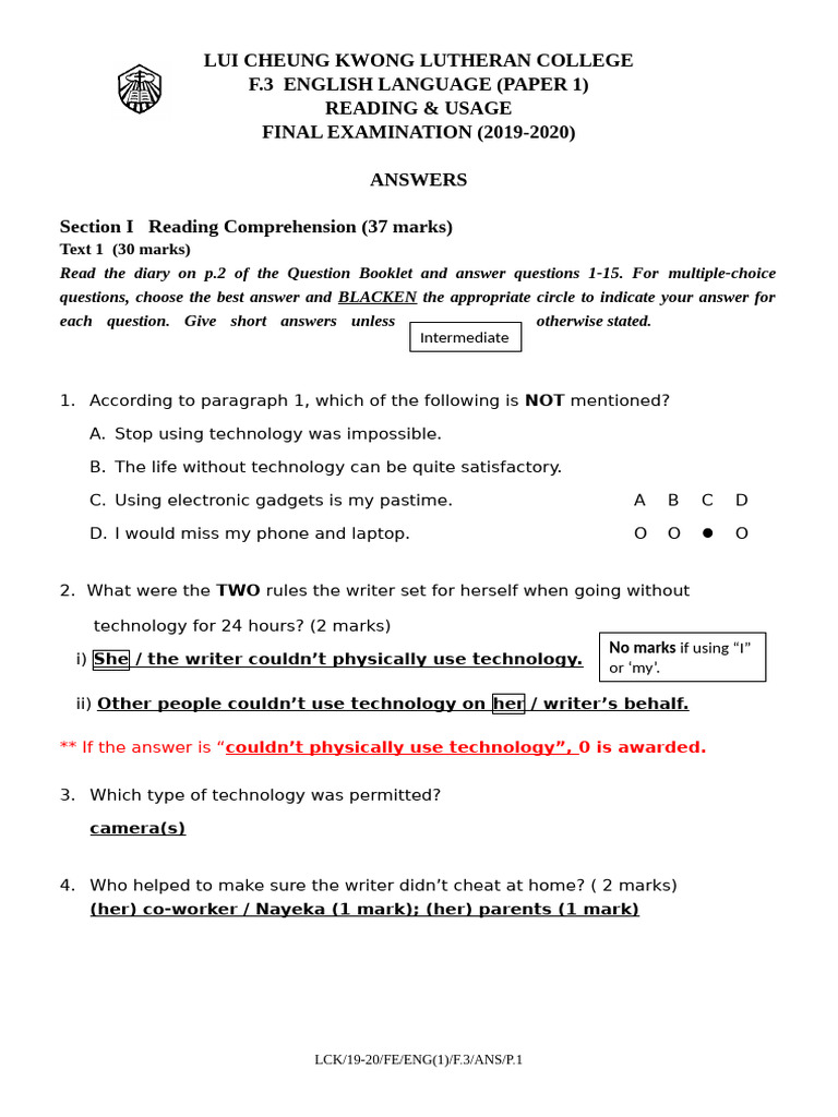 F.3 English Language Exam Answers 2020 | PDF