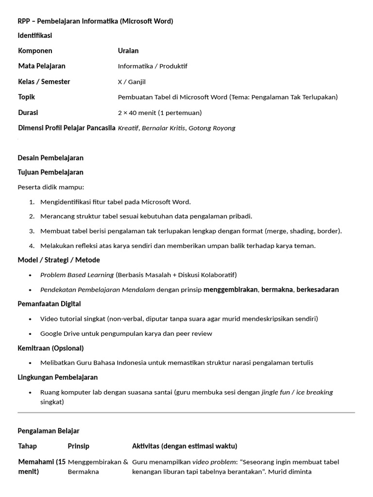 RPP Pembelajaran Tabel Microsoft Word | PDF