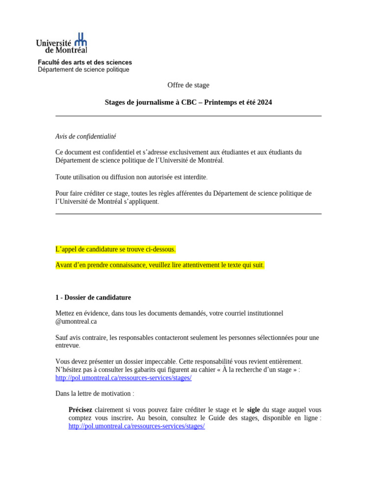 Stages de journalisme CBC 2024 : Candidature | PDF | Microsoft Word ...