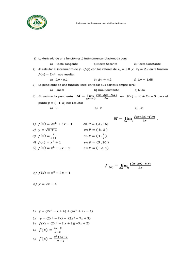 Pr ctica De C lculo I 2do Parcial PDF Pendiente L nea geometr a 