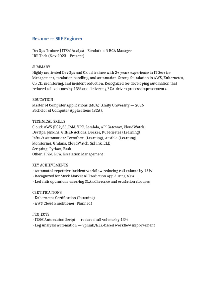 SRE Engineer Resume | PDF