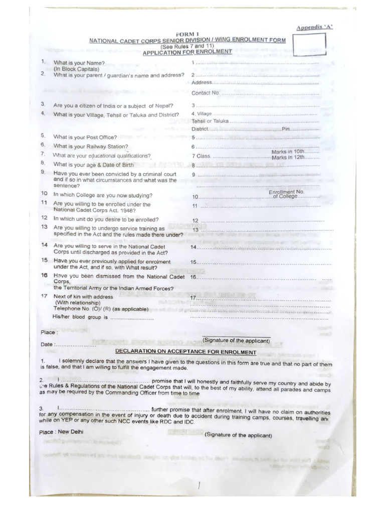 NCC Enrollment Form | PDF