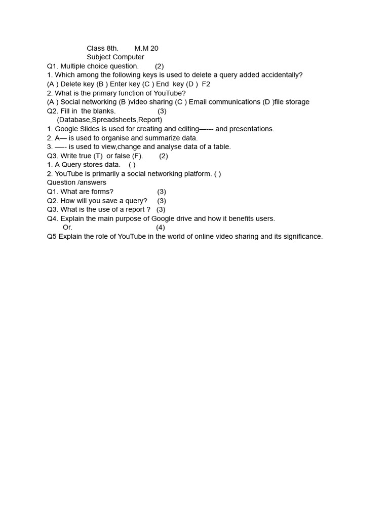 Class 8 Computer Exam Questions | PDF