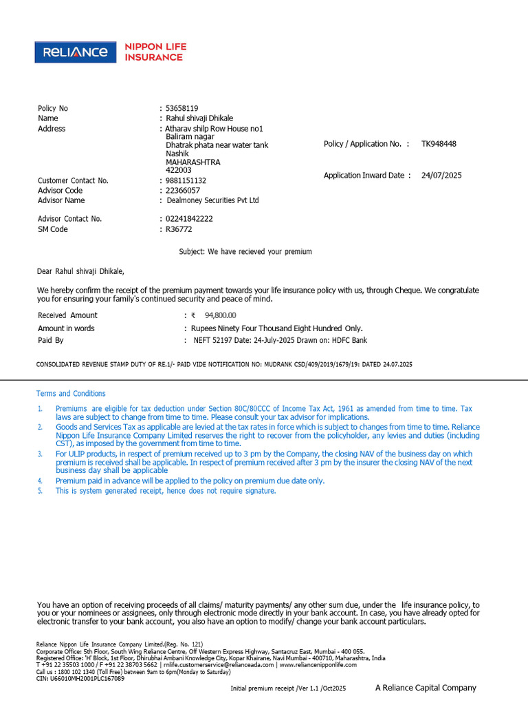 Reliance Policy Receipt | PDF | Insurance | Taxes