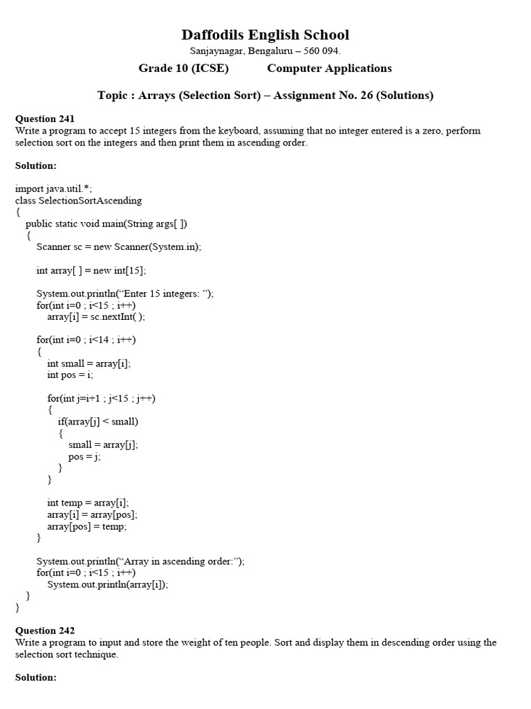 Assignment No. 26 (Arrays - Selection Sort) Solutions | PDF | Integer ...