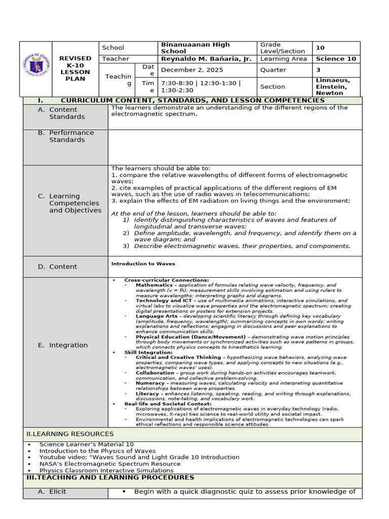 Electromagnetic Waves Lesson Plan | PDF | Waves | Electromagnetic Radiation