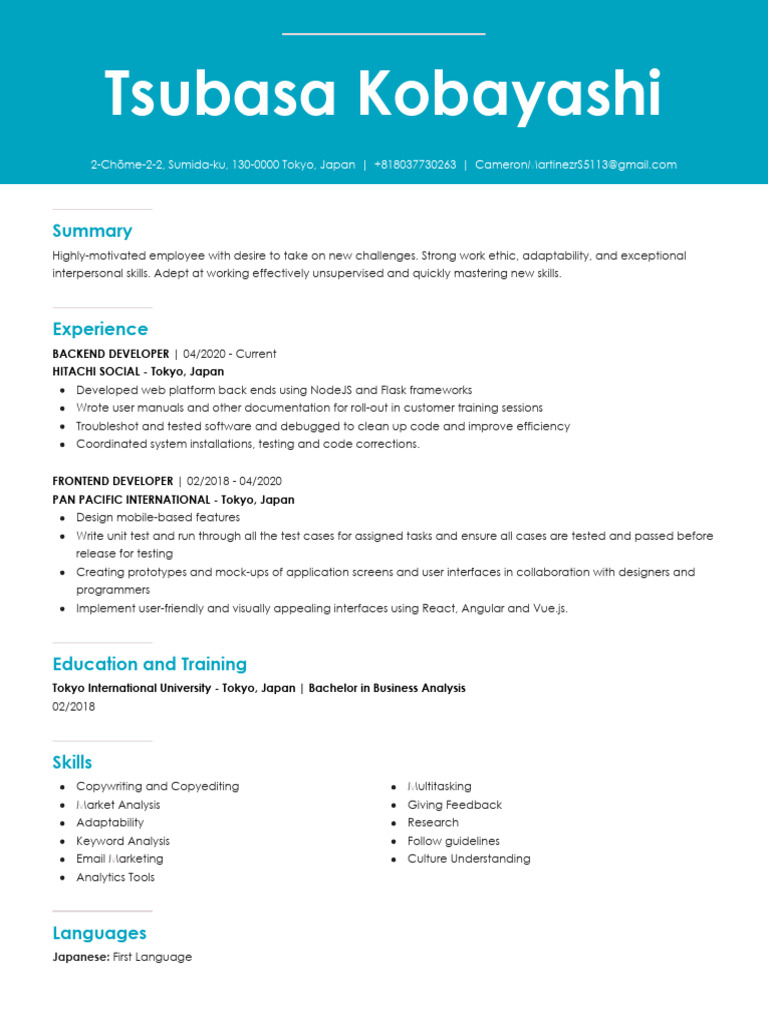 Backend & Frontend Developer Resume | PDF