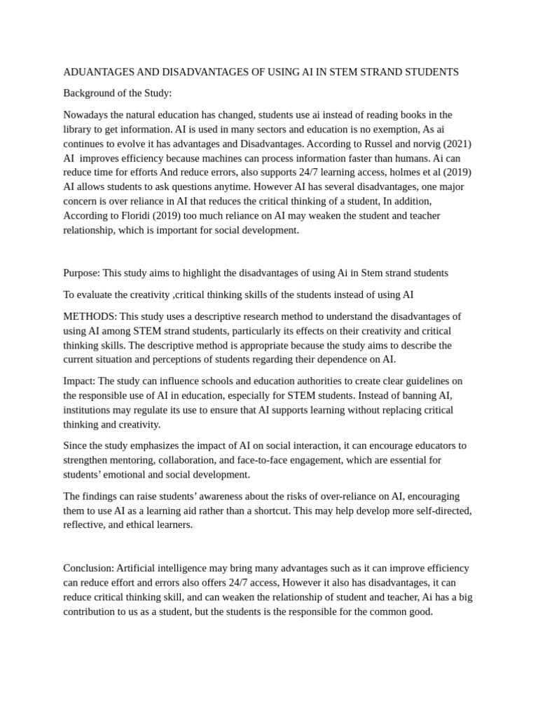Aduantages and Disadvantages of Using Ai in Stem Strand Students | PDF ...