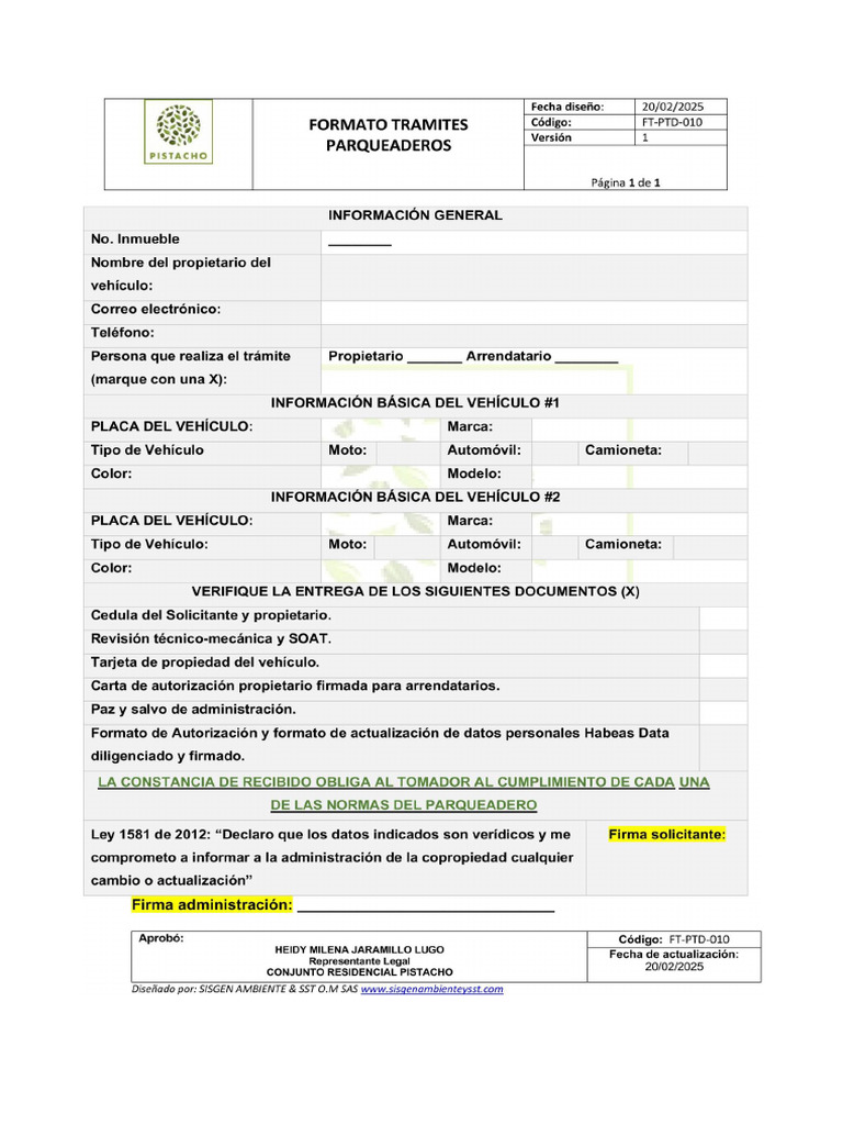 FT PTD 010 Formato Parqueadero | PDF