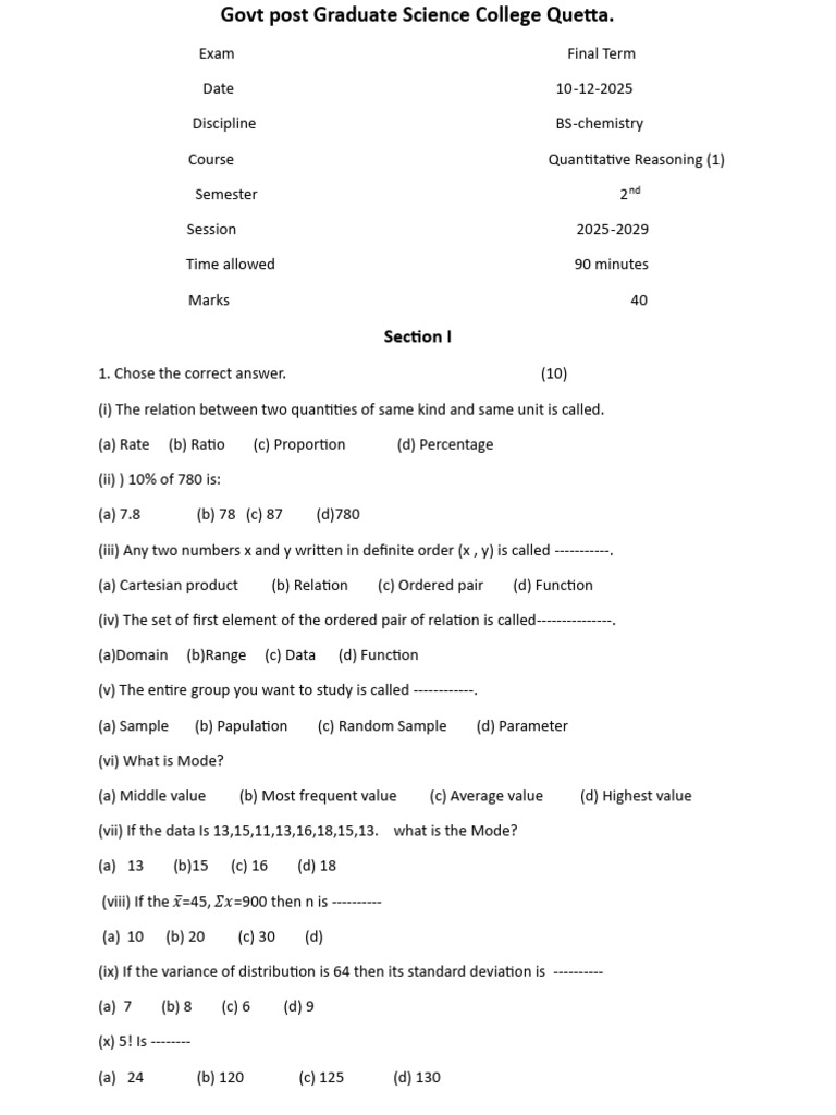 BS Chemistry Final Exam: Quantitative Reasoning | PDF | Mathematical ...