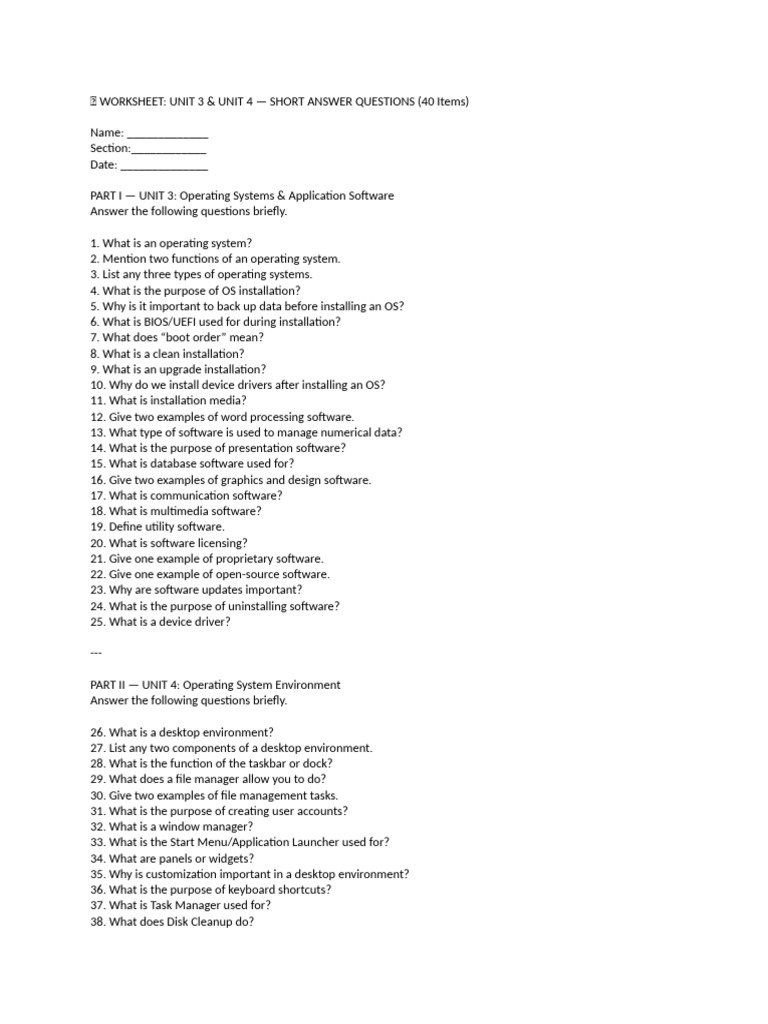 Short Answer Questions on OS & Software | PDF