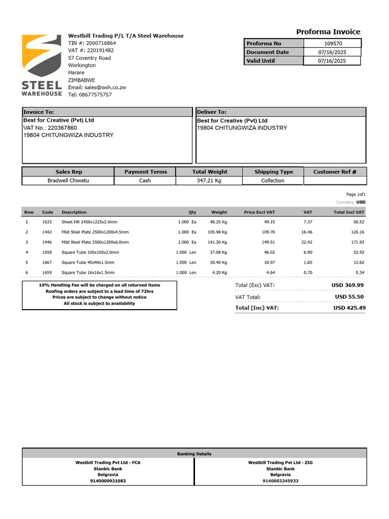 Proforma Invoice for Steel Warehouse | PDF | Money | Payments