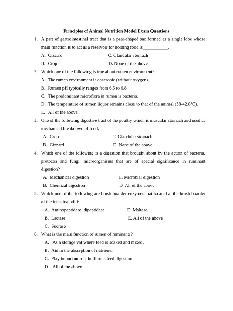 Animal Nutrition Exam Questions | PDF | Digestion | Ruminant