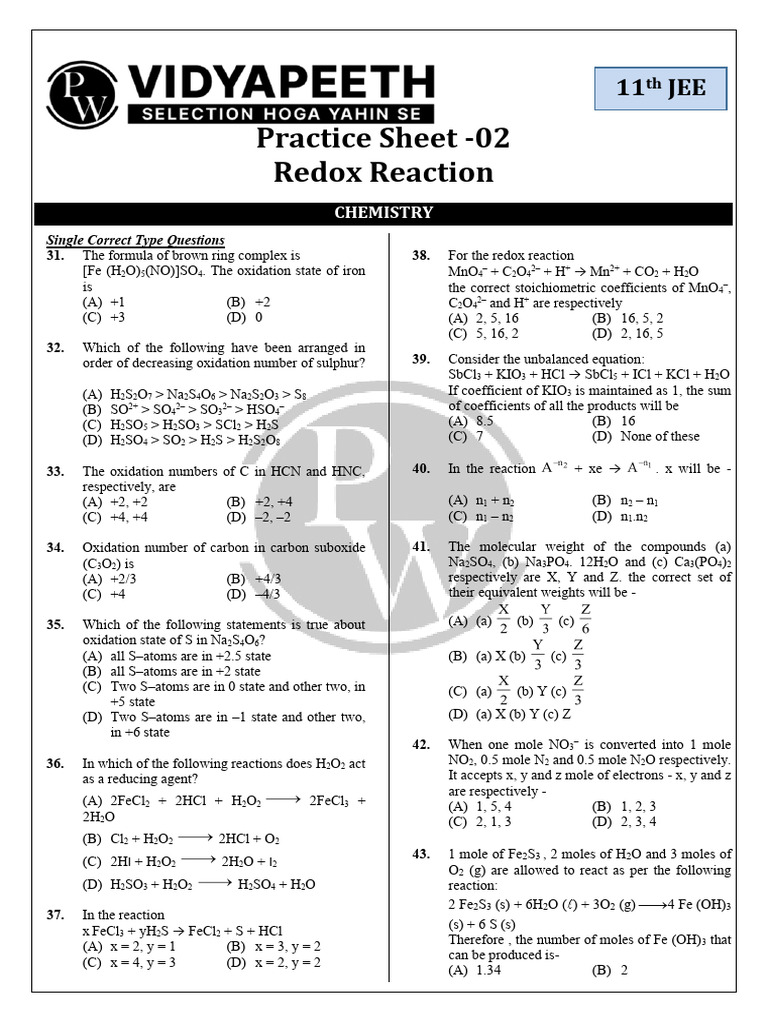 Chemistry Redox Reaction Practice Questions | PDF | Acid | Redox