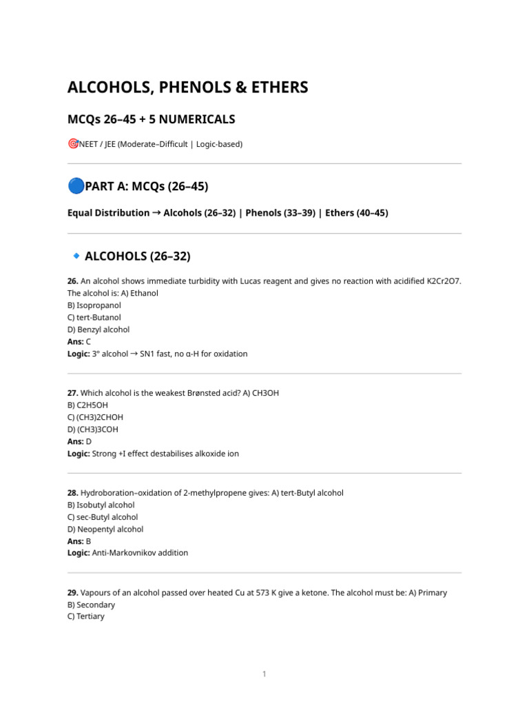 MCQs on Alcohols, Phenols & Ethers | PDF | Ether | Chemical Compounds