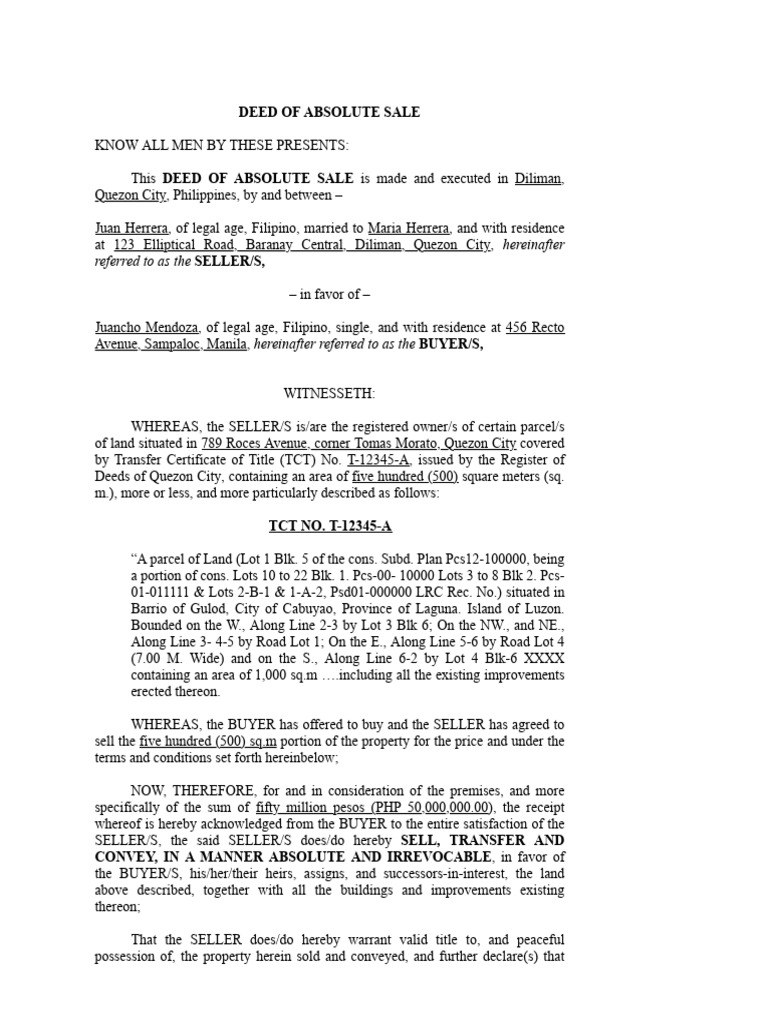 Deed of Absolute Sale of A Portion of Real Estate | PDF | Legal ...